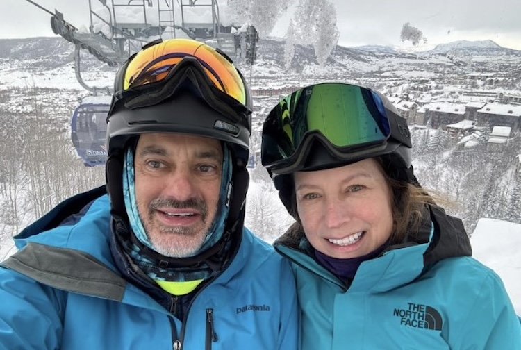 Sandy and Jill Wiggins enjoying a ski trip in Steamboat Springs, Colorado. Sandy is a Pauley Heart Center patient.