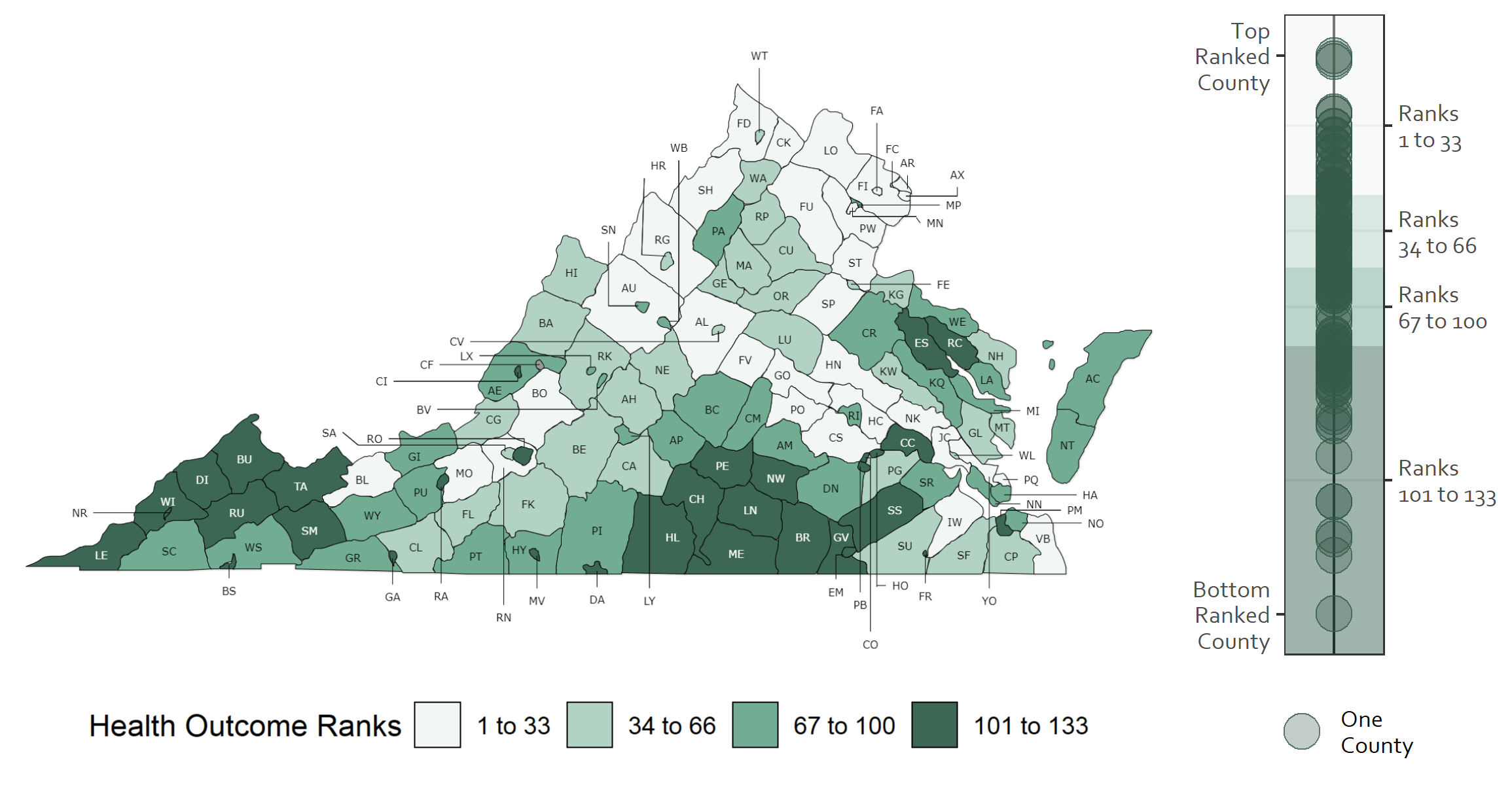 Map of Virginia showing 2020 Health Outcome Rankings